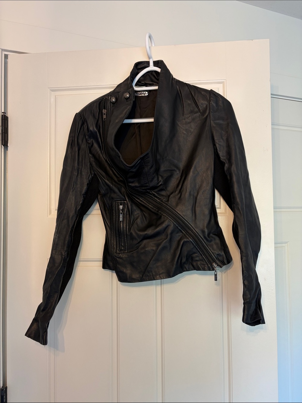 Black Asymmetric Leather Swoop A neck Jacket - Women